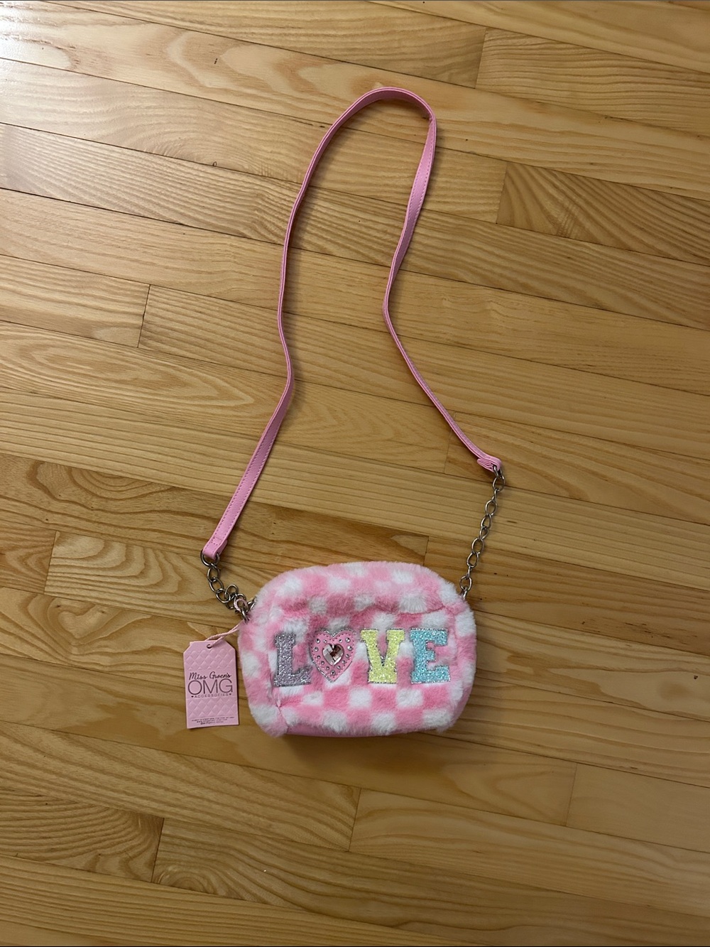 Kids Pink Plush Crossbody Bag with LOVE Design